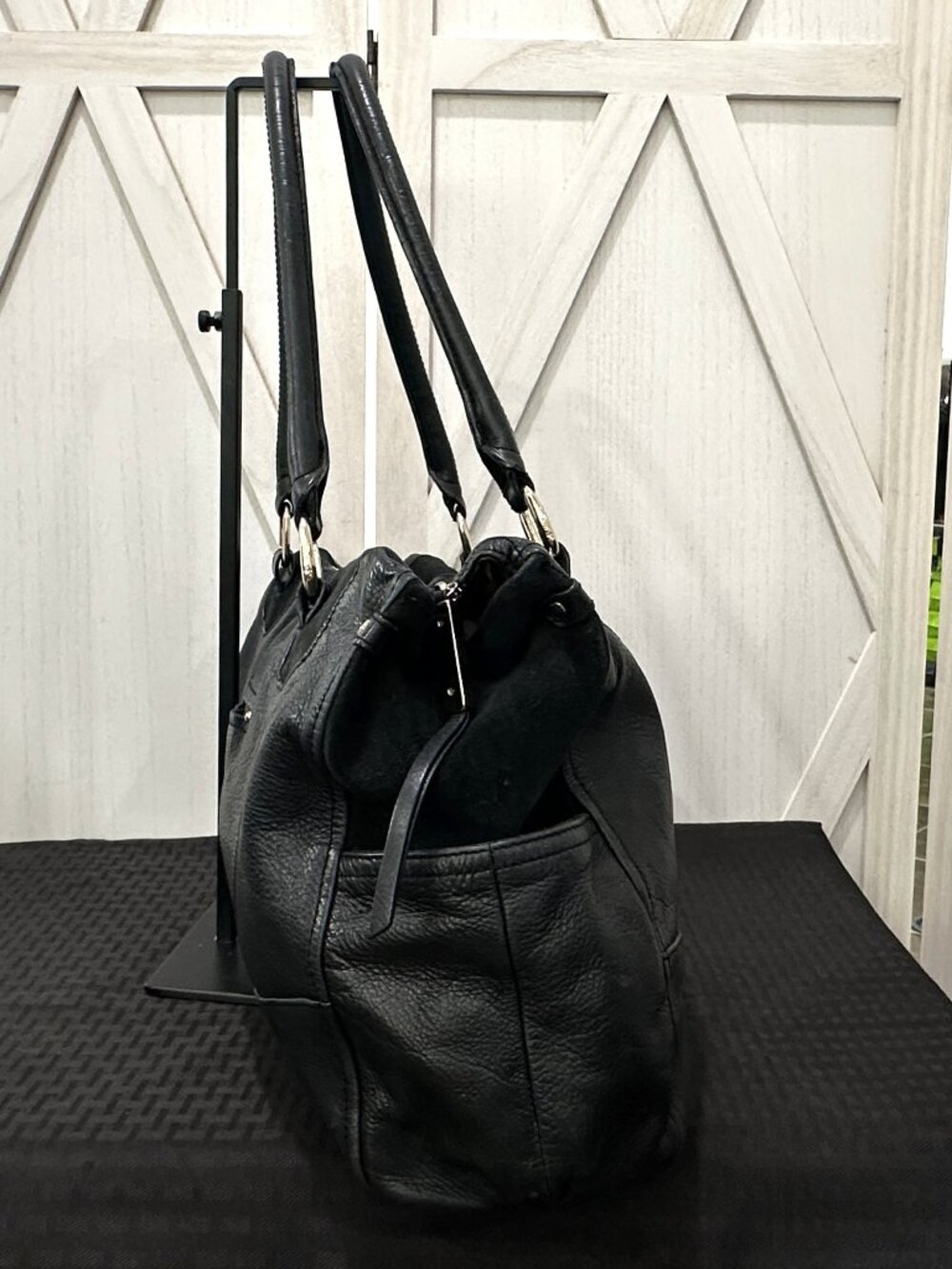 B. Makowsky Y2K Black Pebbled Leather Satchel Shoulder Bag Leopard Lining - Picture 3 of 9